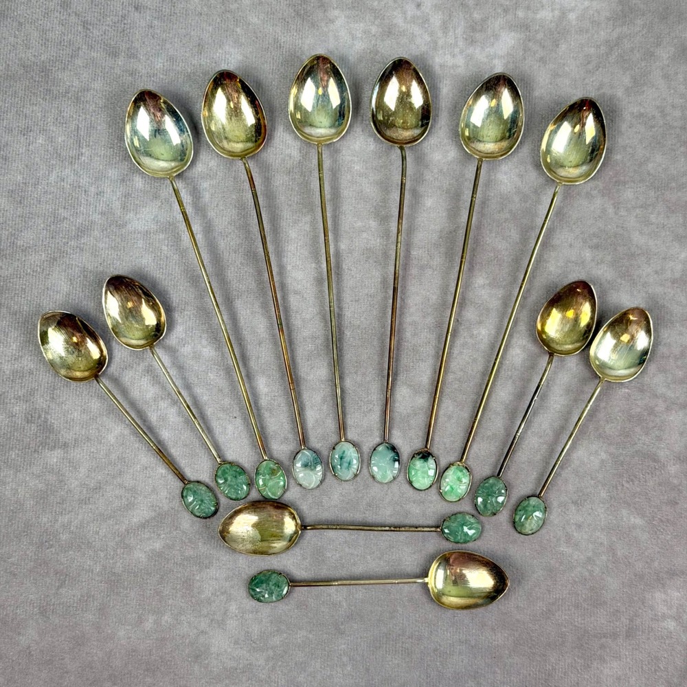 12 Vintage Silver Plated Wash Jadeite Scarab Beetle Style Demitasse Spoons Set
